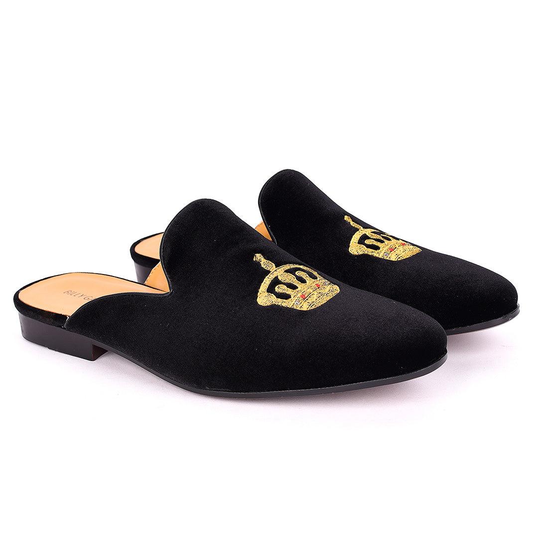 Billy Garrison Crown Embroidered Suede Leather Men's Half Shoe- Black - Obeezi.com