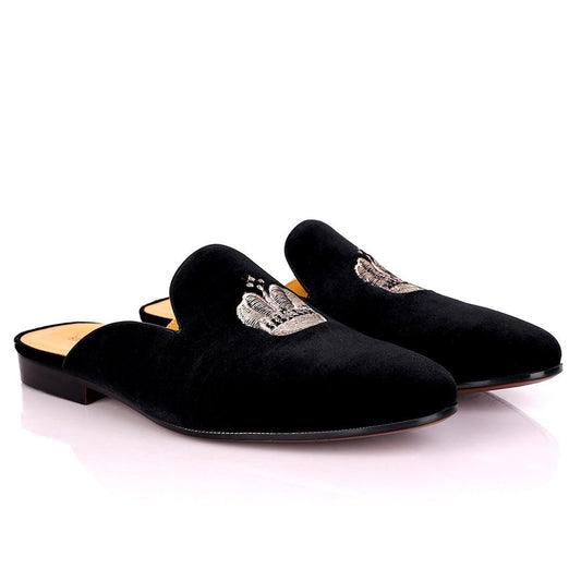 Billy Garrison Three Dotted Crown Embroidered Suede Leather Men's Half Shoe- Black - Obeezi.com