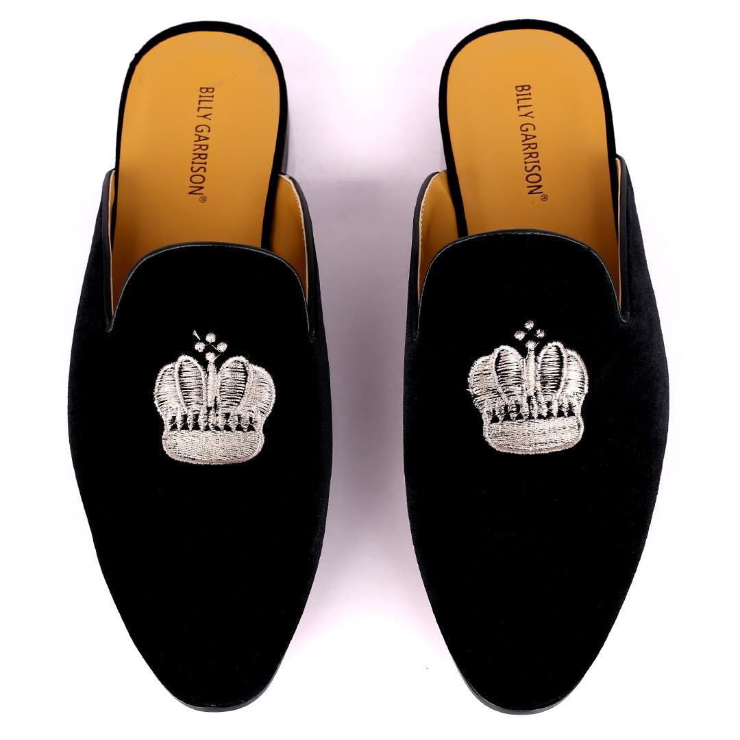 Billy Garrison Three Dotted Crown Embroidered Suede Leather Men's Half Shoe- Black - Obeezi.com