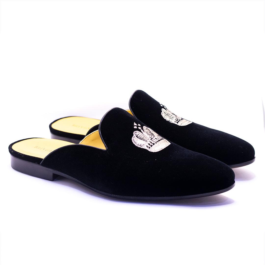 Billy Garrison Three Dotted Crown Embroidered Suede Leather Men's Half Shoe- Black - Obeezi.com