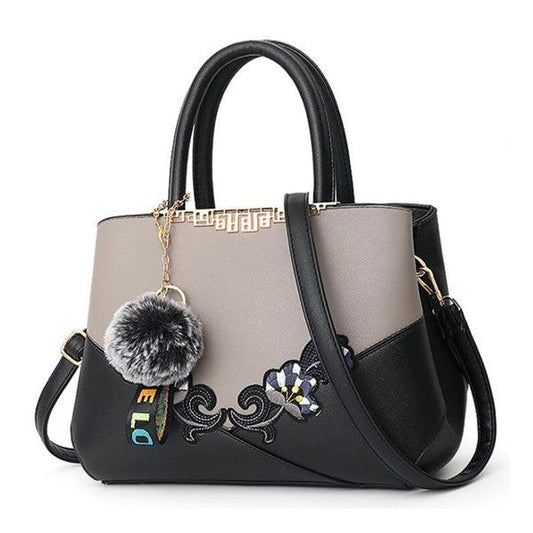 Black And Grey French Hobo With Faux - Fur Cham Shape Tote Handbag - Obeezi.com