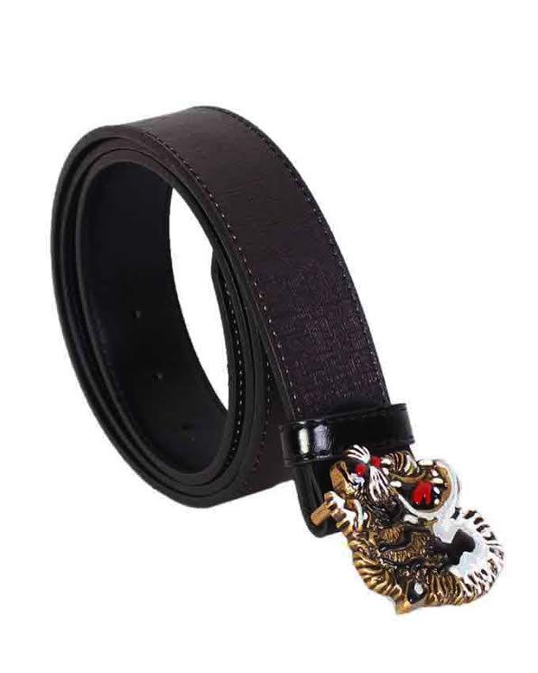 Black Leather Belt With Tiger Buckle and Snake Print - Obeezi.com