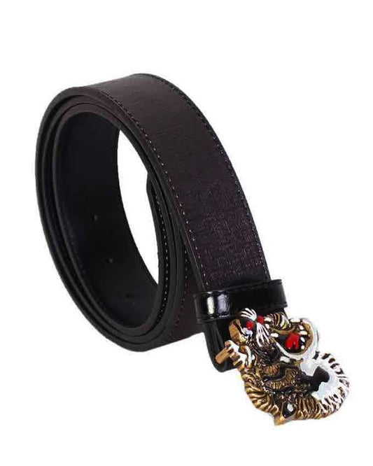 Black Leather Belt With Tiger Buckle and Snake Print - Obeezi.com