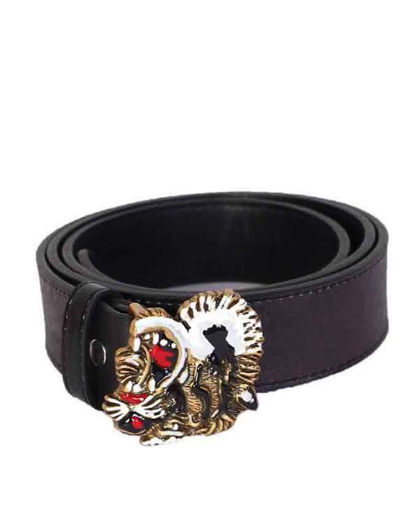 Black Leather Belt With Tiger Buckle and Snake Print - Obeezi.com