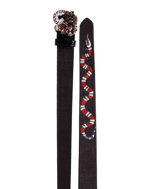 Black Leather Belt With Tiger Buckle and Snake Print - Obeezi.com