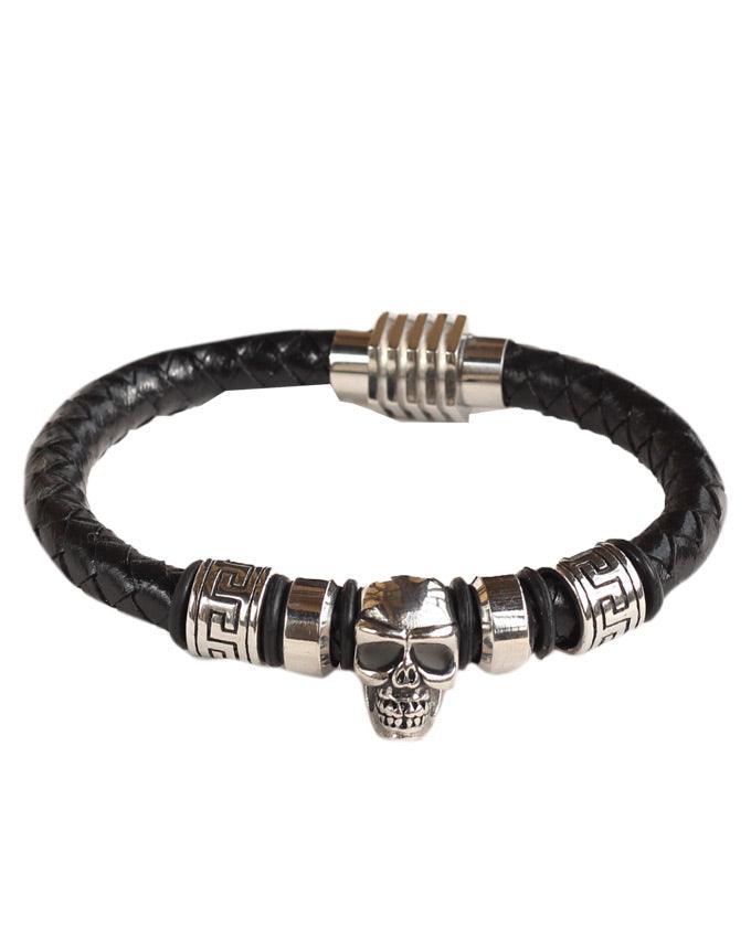 Black leather woven plaited Men's bracelet with skull head end - Obeezi.com