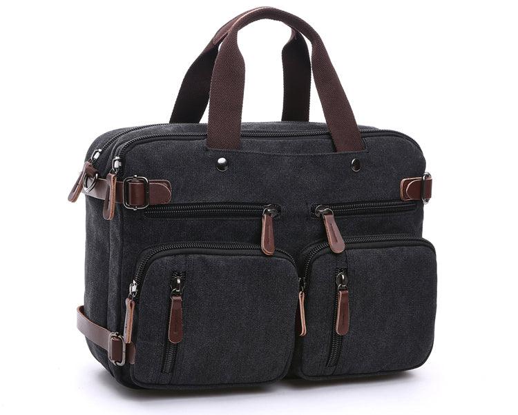 Black Vintage Canvas Backpack With Brown Strap Design - Obeezi.com