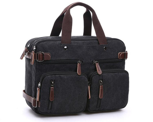 Black Vintage Canvas Backpack With Brown Strap Design - Obeezi.com