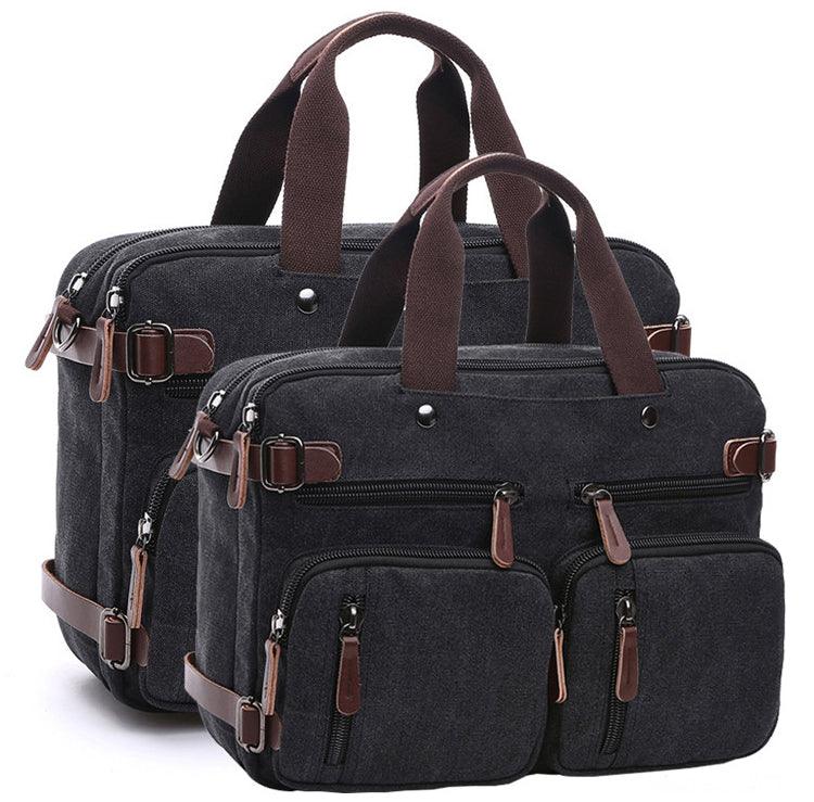 Black Vintage Canvas Backpack With Brown Strap Design - Obeezi.com