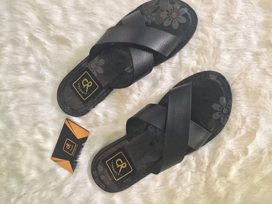 Black X strapped leather slippers -Black - Obeezi