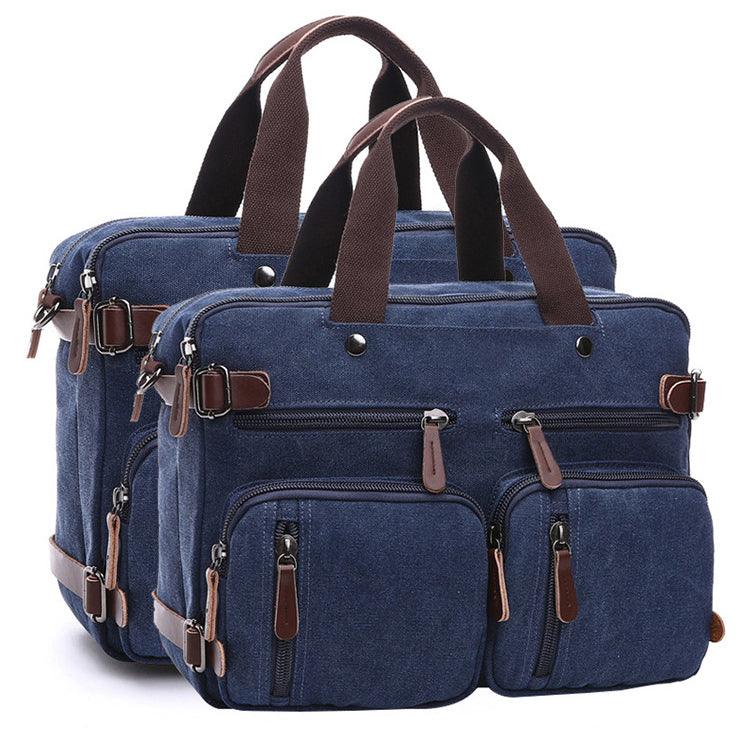 Blue Vintage Canvas Backpack With Brown Strap Design - Obeezi.com