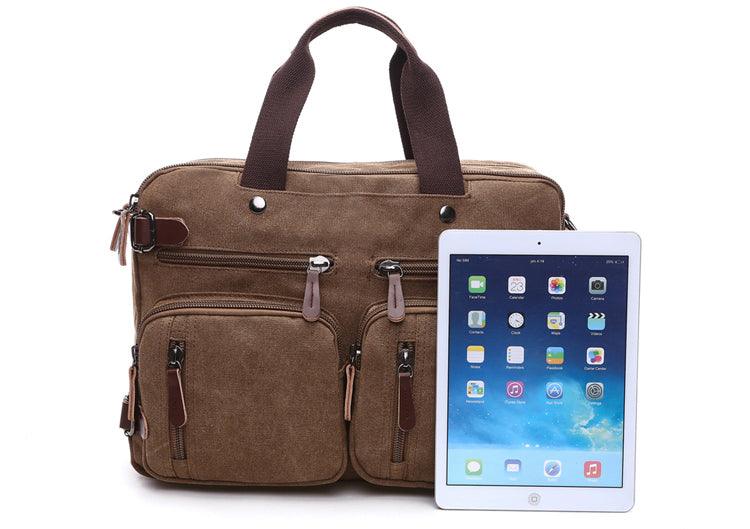 Blue Vintage Canvas Backpack With Brown Strap Design - Obeezi.com