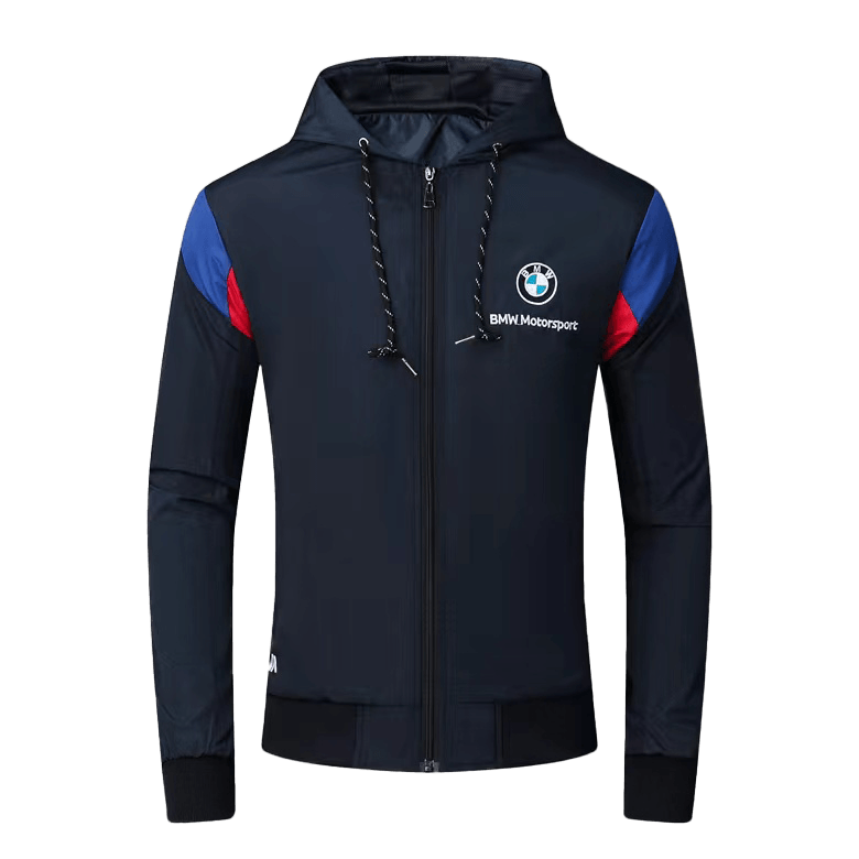 BMW Moto Side Crested Zip Down Hooded Polythene Men's Jacket- Navy Blue - Obeezi.com