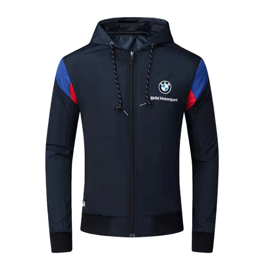 BMW Moto Side Crested Zip Down Hooded Polythene Men's Jacket- Navy Blue - Obeezi.com
