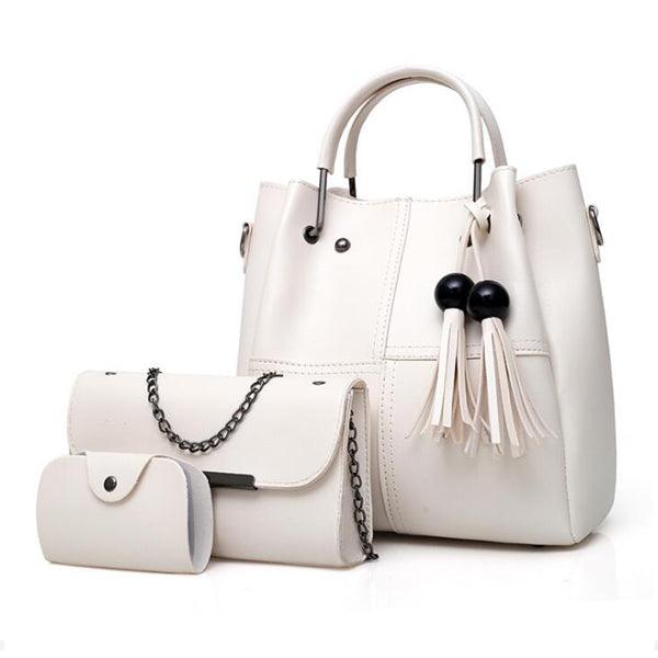 Bosolos Mujers Woman Tote Handbag 3 in 1 Set - Cream - Obeezi.com