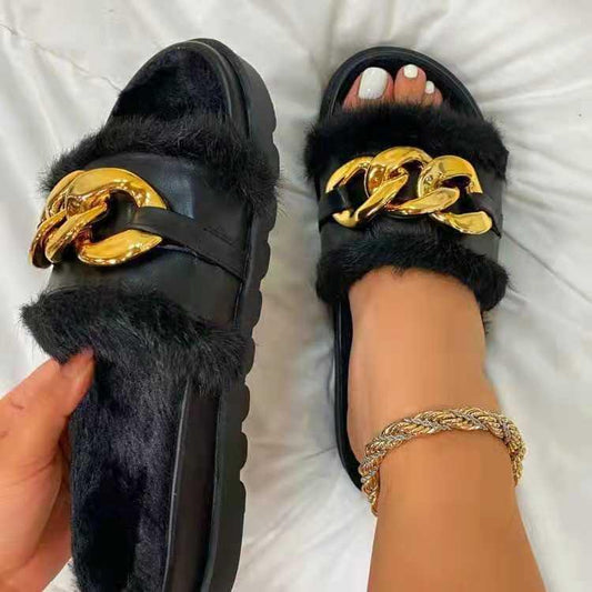 Boss Lady Comfy Brown Fur And Chain Designed Slide Slipper - Obeezi.com