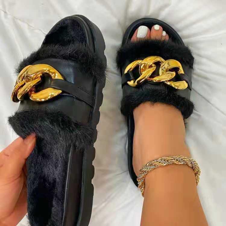 Boss Lady Comfy Brown Fur And Chain Designed Slide Slipper - Obeezi.com