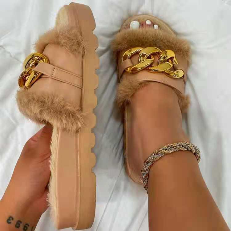 Boss Lady Comfy Fur And Chain Designed Slide Slipper - Brown - Obeezi.com