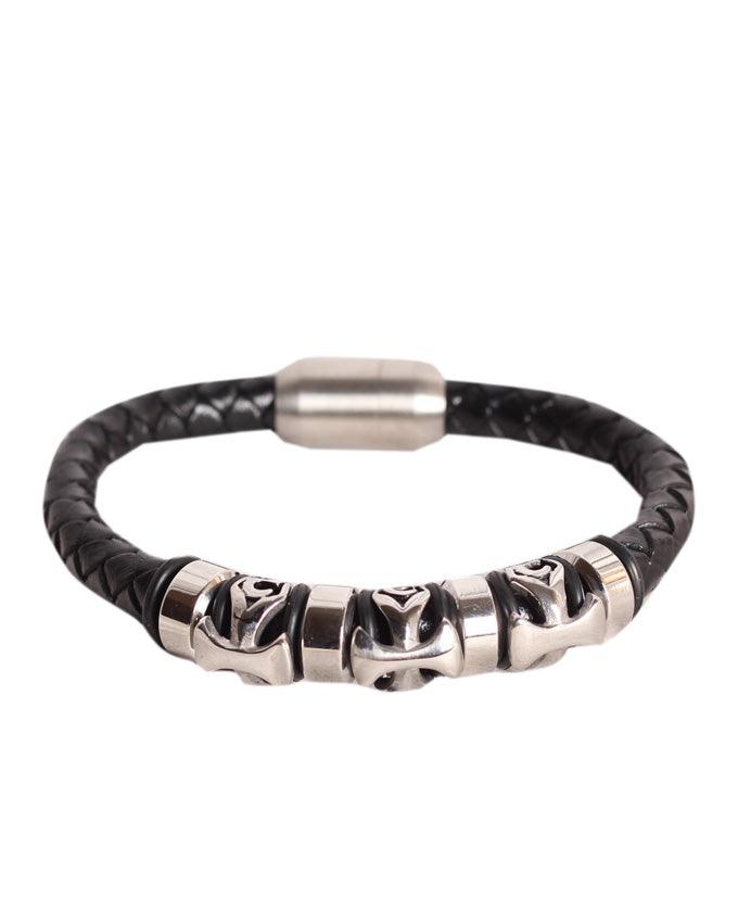 Braided Cross Black Sliver Leather Bracelet - Obeezi.com