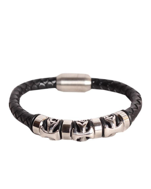 Braided Cross Black Sliver Leather Bracelet - Obeezi.com