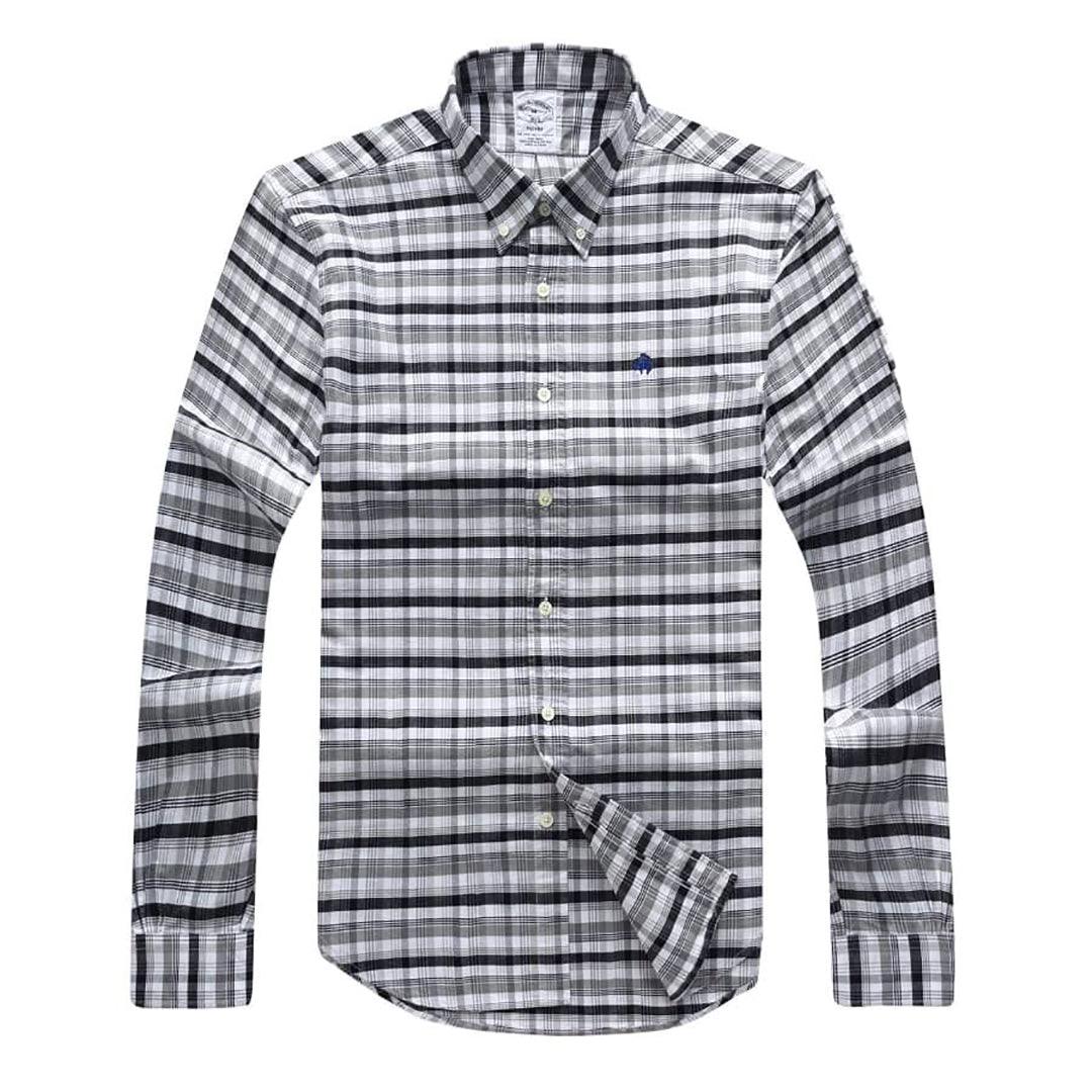 Brooks Men's Plain 100% cotton collar Button down Grey Long sleeve Shirt - Obeezi.com