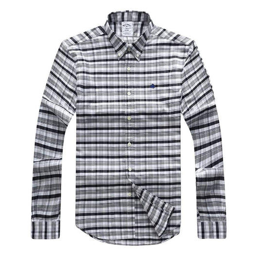 Brooks Men's Plain 100% cotton collar Button down Grey Long sleeve Shirt - Obeezi.com