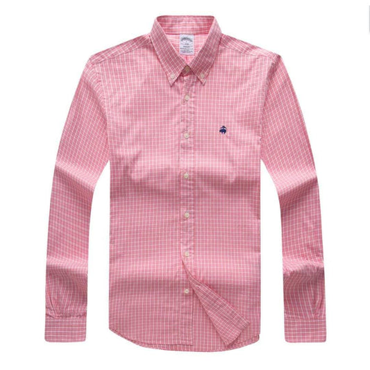 Brooks Men's Plain 100% cotton collar Button down Pink Long sleeve Shirt - Obeezi.com