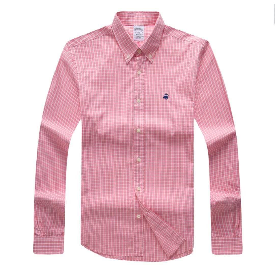 Brooks Men's Plain 100% cotton collar Button down Pink Long sleeve Shirt - Obeezi.com