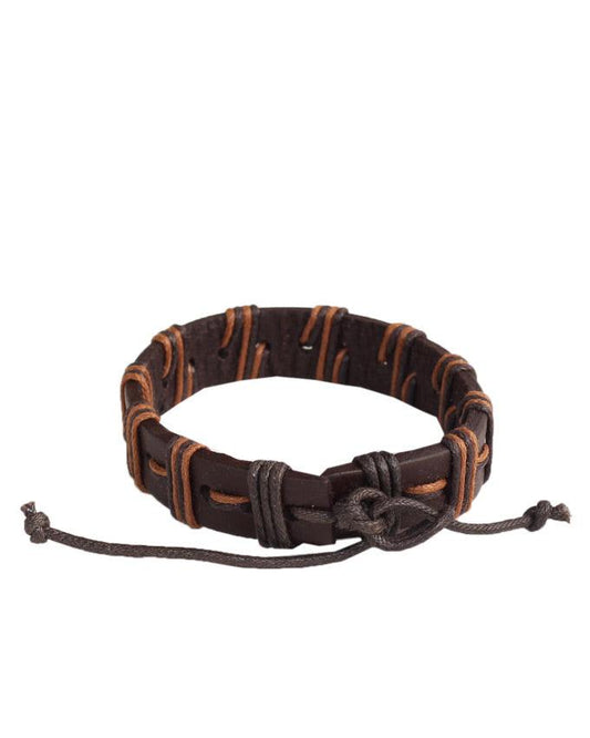 Brown genuine leather and waxed cord men's bracelet - Obeezi.com