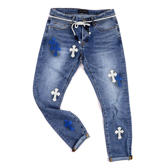 C.L Hearts Leather Cross Patch Denim Jeans -Blue - Obeezi.com