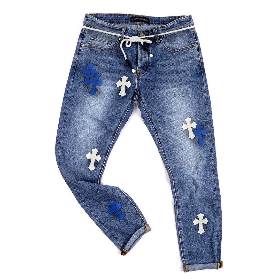 C.L Hearts Leather Cross Patch Denim Jeans -Blue - Obeezi.com