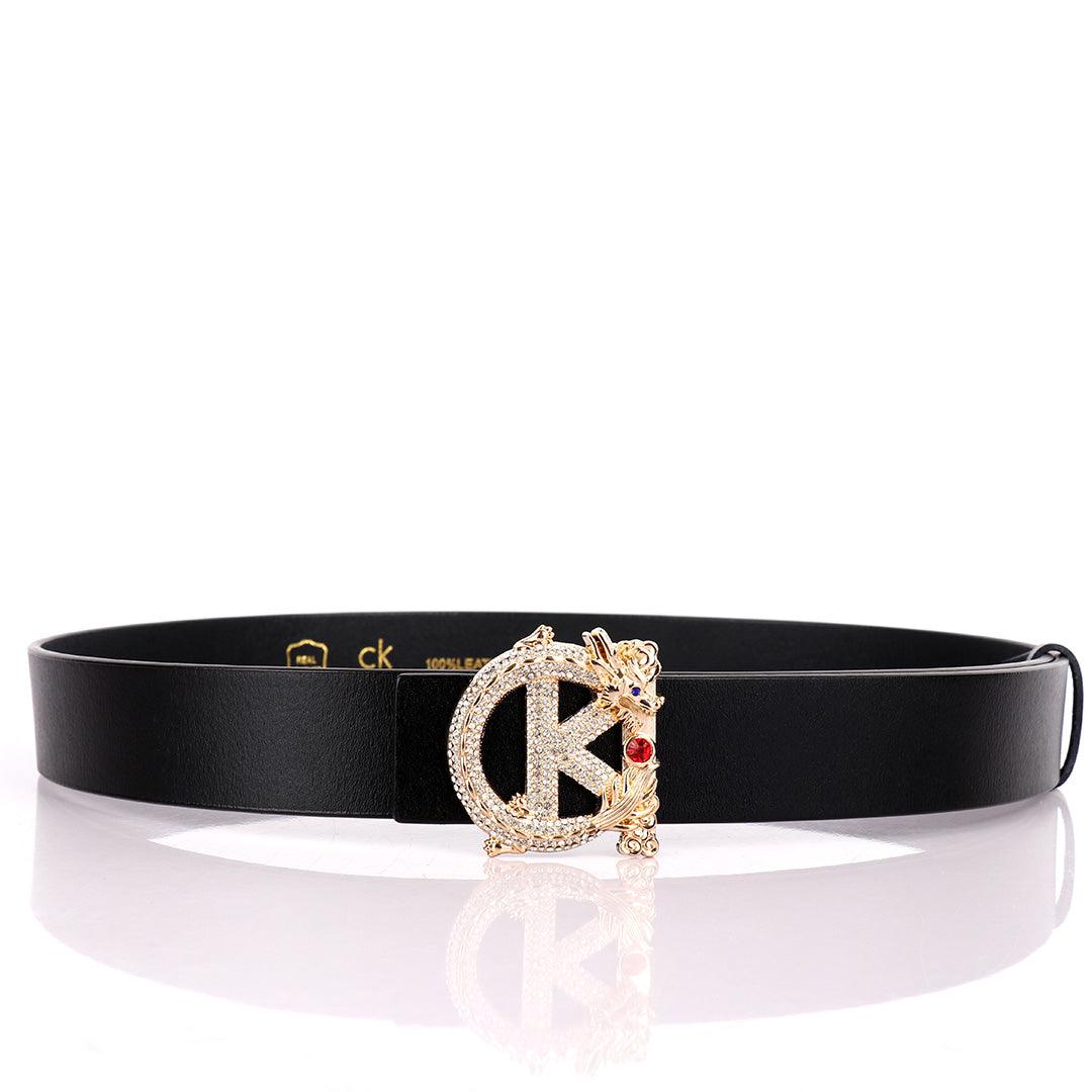 Calvin Klein Black Leather Men's Silver Stone Buckle Belt - Obeezi.com