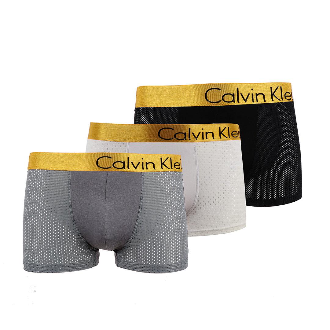 Calvin Klein Crested Gold Elastic Band 3 IN 1 Pack Black White and Grey Net Boxers - Obeezi