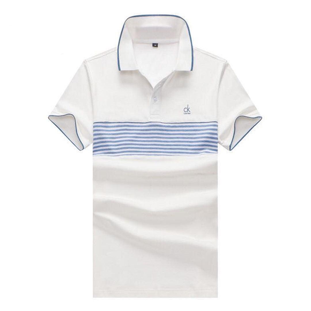 Calvin Klein Men's Body-fit White And Blue Stripes Polo Top - Obeezi