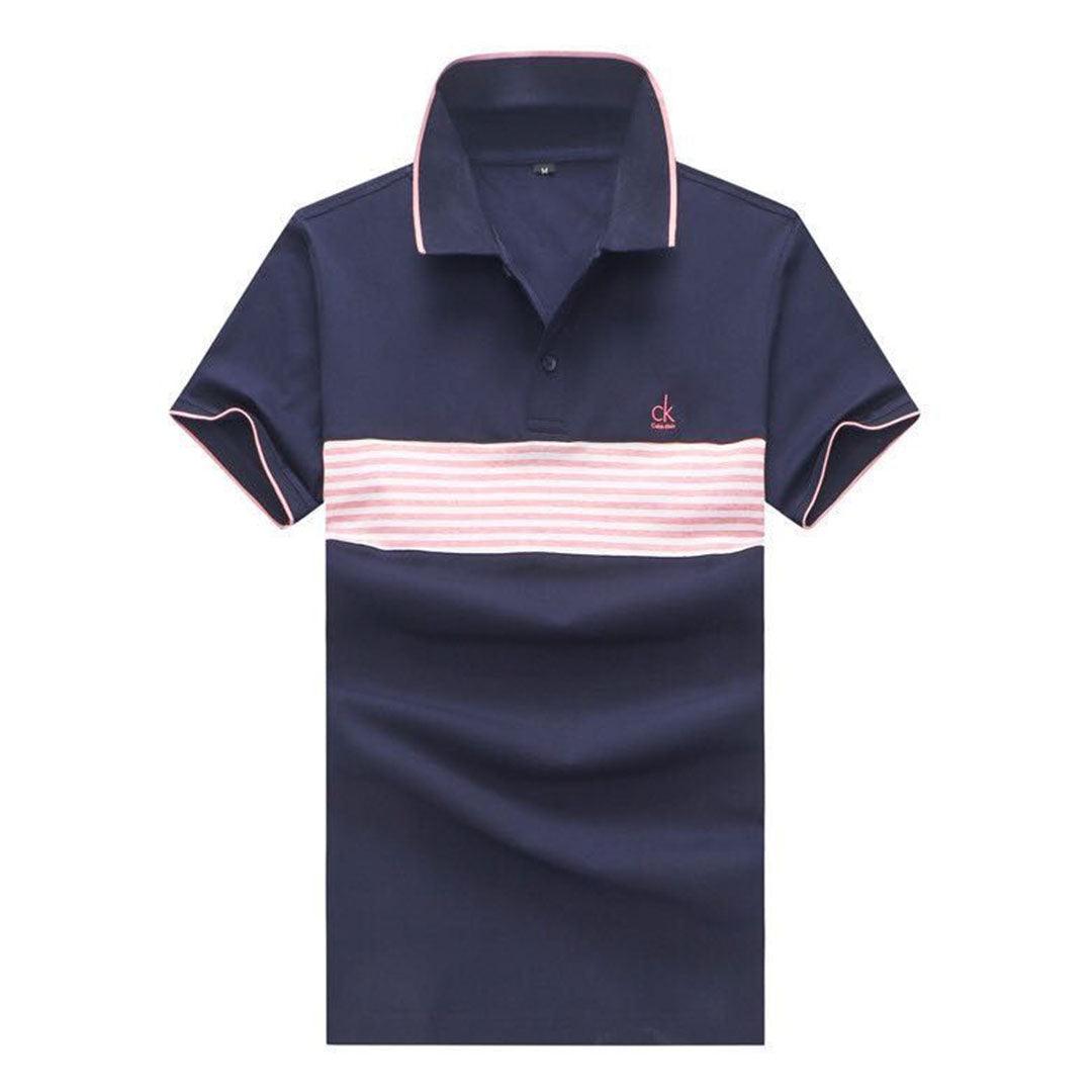Calvin Klein Men's Body-fit White And Red Stripes Polo Top-Blue - Obeezi