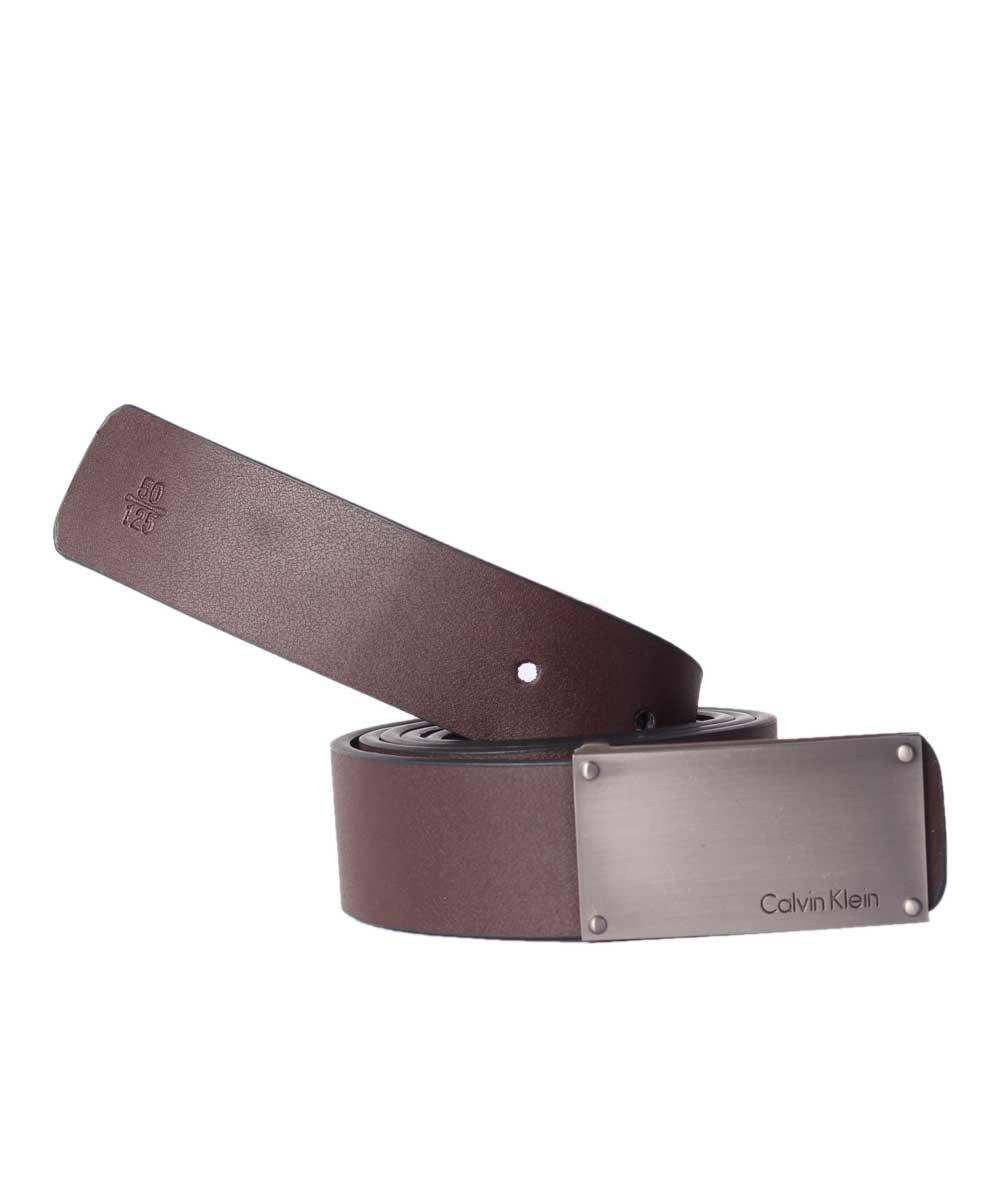 Calvin Klein Men's Brown Round Edge Plaque Buckle Reversible Belt - Obeezi.com