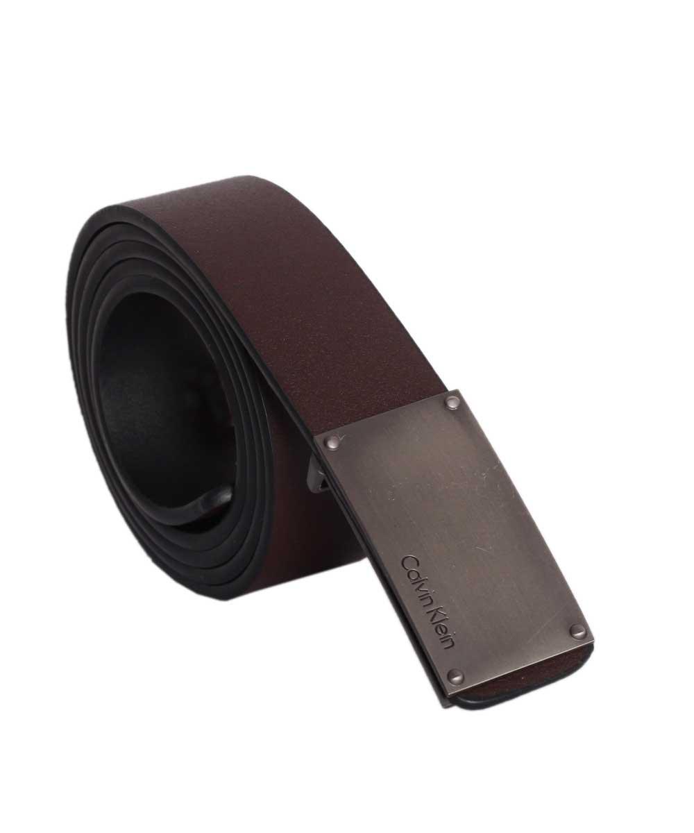 Calvin Klein Men's Brown Round Edge Plaque Buckle Reversible Belt - Obeezi.com
