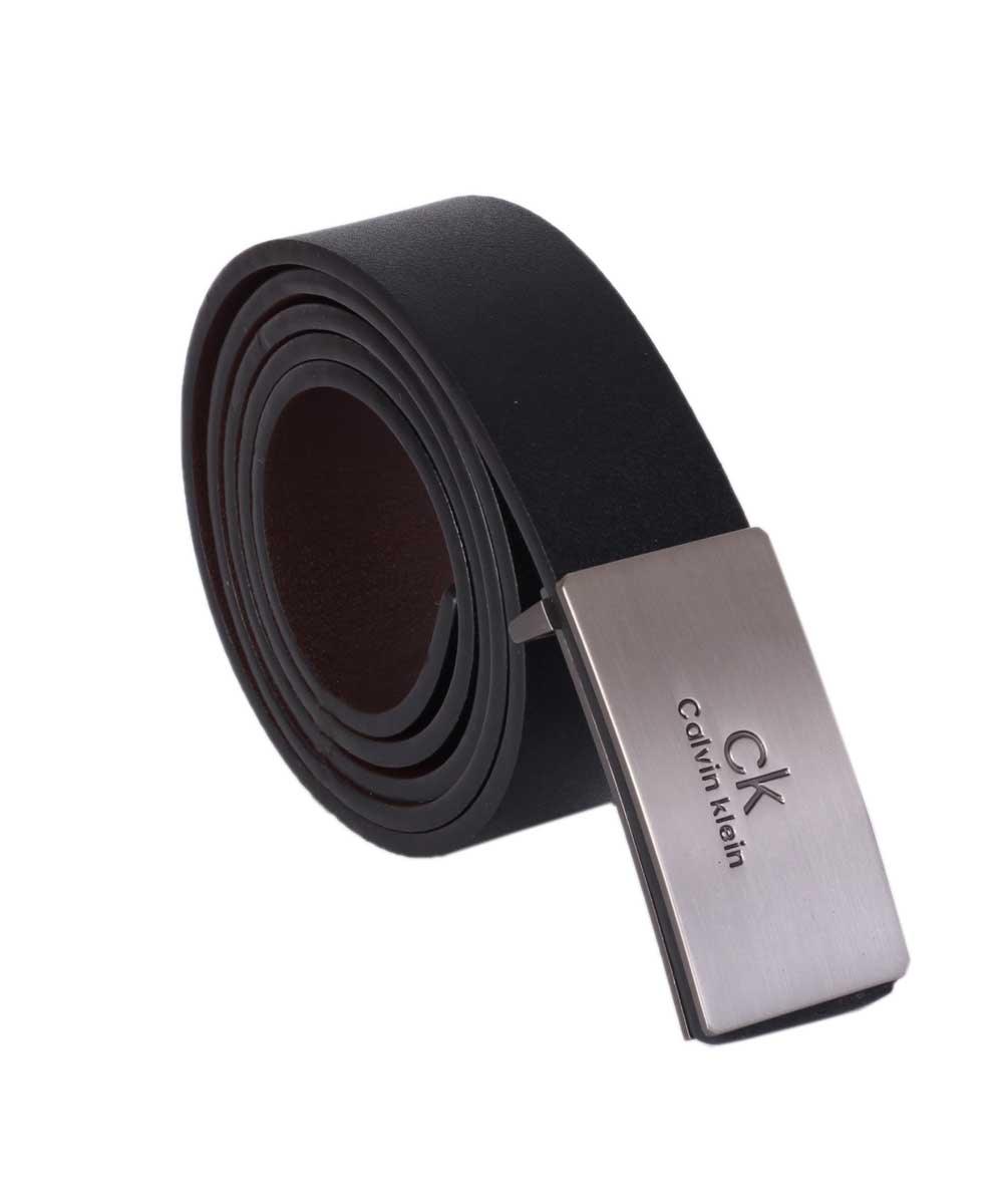 Calvin Klein silver Plaque With BlacK Leather Belt - Obeezi.com