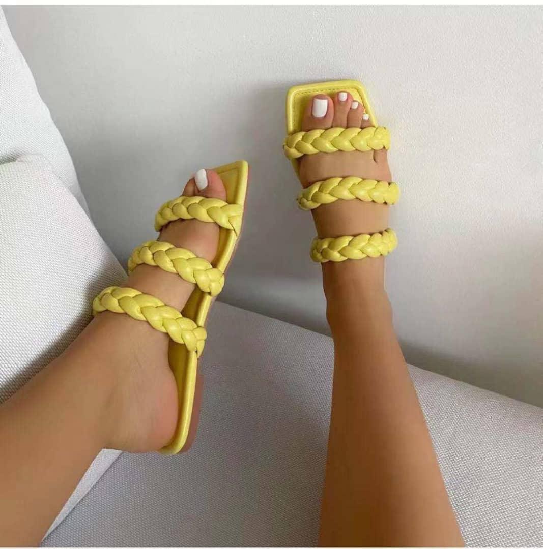 Carv Triple Strap Designed Leather Slipper - Yellow - Obeezi.com