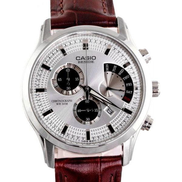 Casio BEM-501L-7AVDF Beside Chronograph Leather Watch Brown - Obeezi.com
