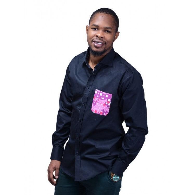 Cassio Casual Shirt With Ankara Design - Black - Obeezi