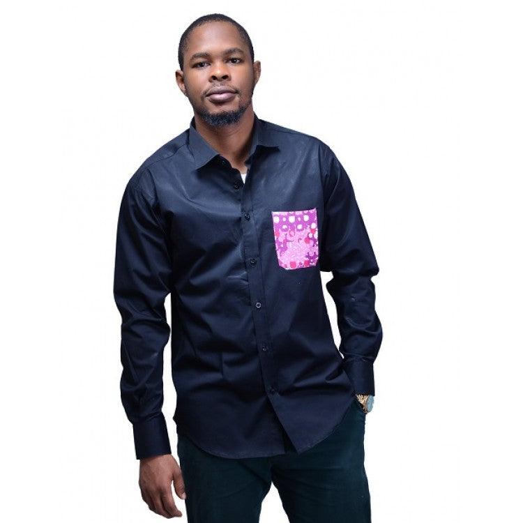 Cassio Casual Shirt With Ankara Design - Black - Obeezi
