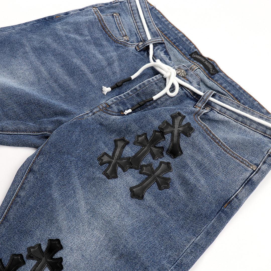 Chrome Luxurious Cross Patchwork Design Men's Denim Jeans- Blue - Obeezi.com