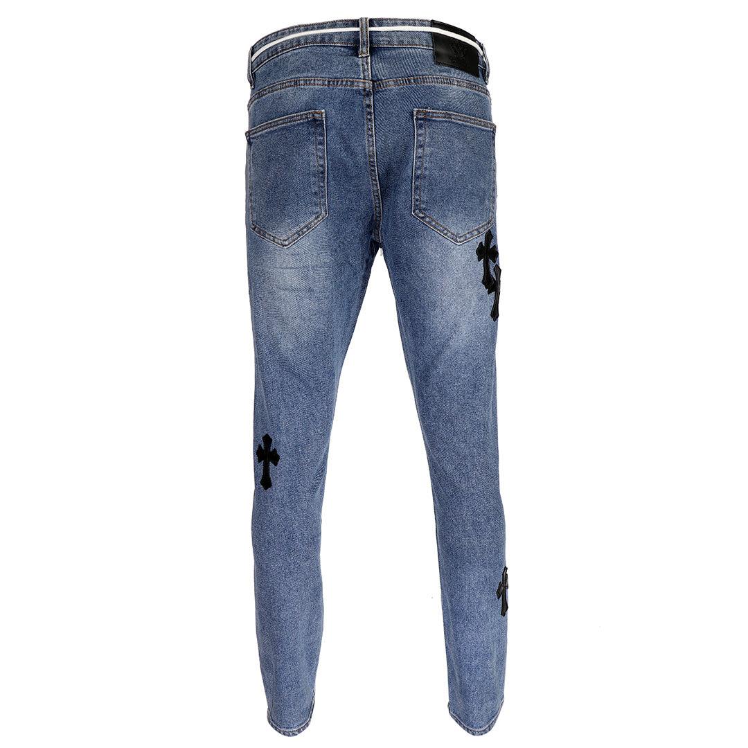 Chrome Luxurious Cross Patchwork Design Men's Denim Jeans- Blue - Obeezi.com