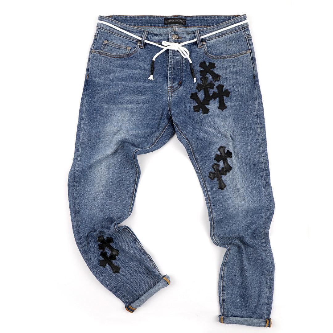 Chrome Luxurious Cross Patchwork Design Men's Denim Jeans- Blue - Obeezi.com