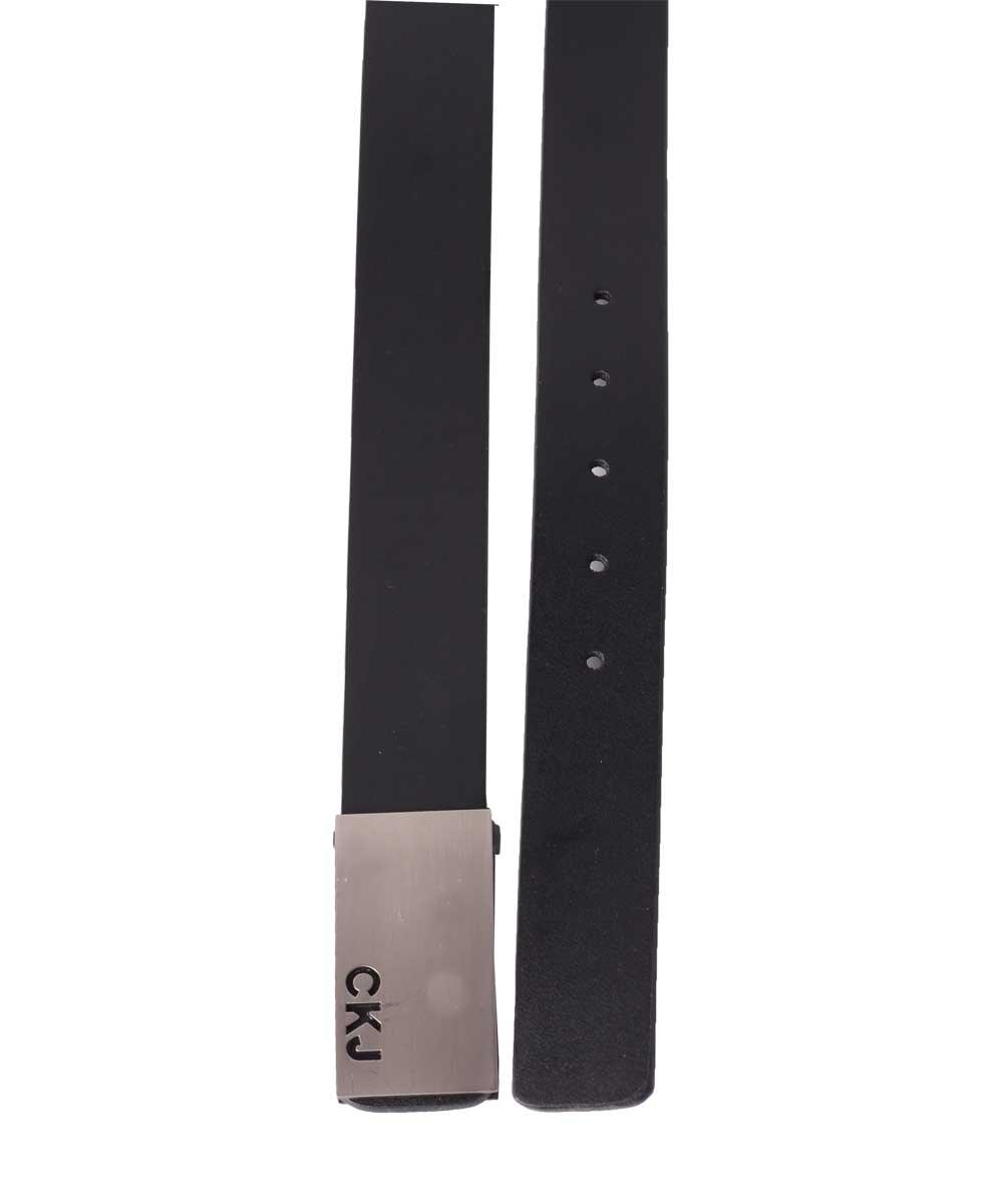 CKJ Calvin Klein Jeans Silver Head Black Leather Buckle Belt - Obeezi.com