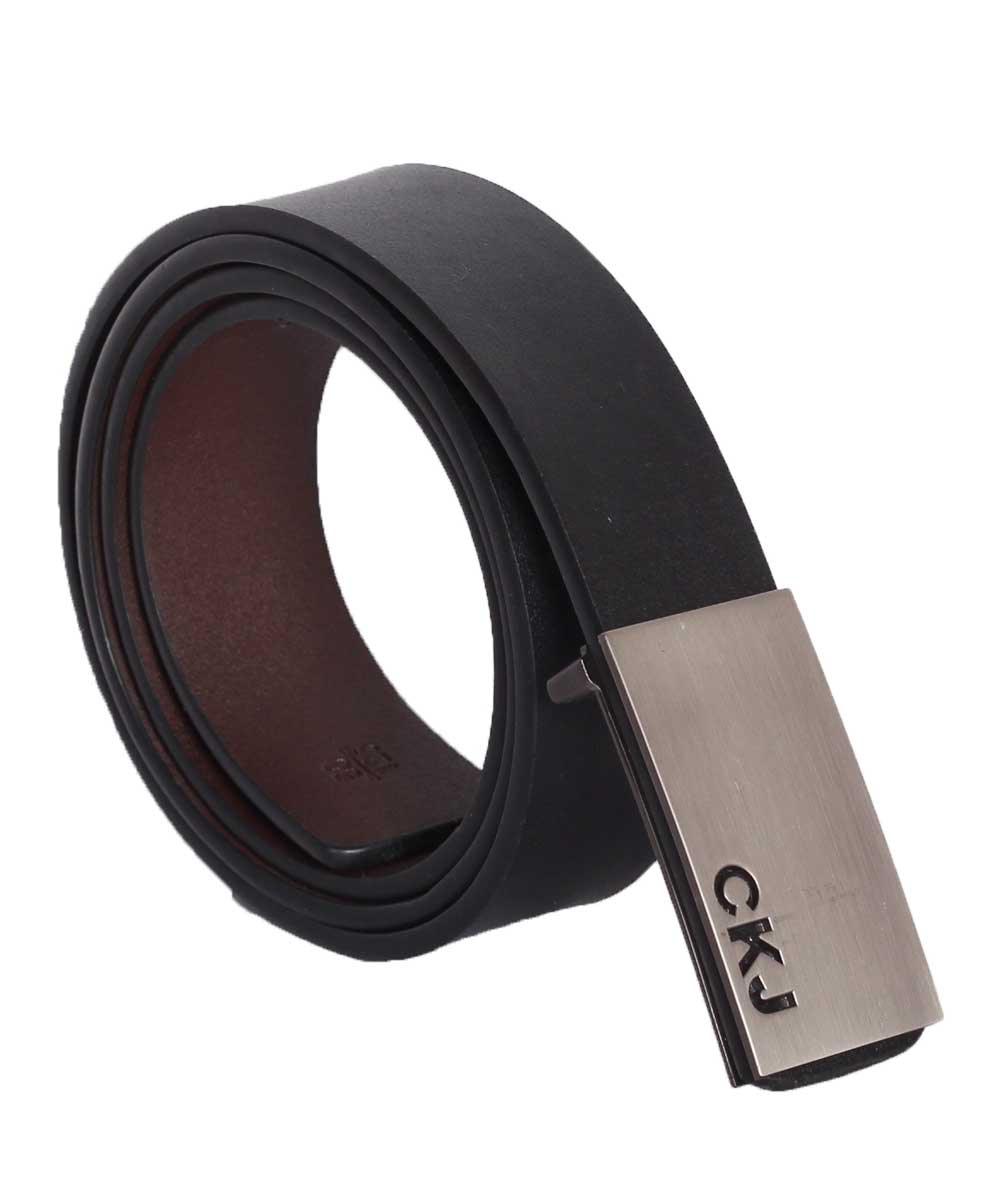 CKJ Calvin Klein Jeans Silver Head Black Leather Buckle Belt - Obeezi.com