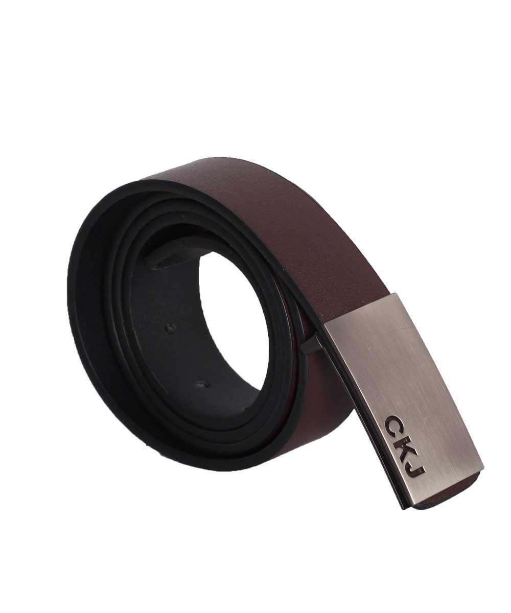 CKJ Calvin Klein Jeans Silver Head Brown Leather Buckle Belt - Obeezi.com