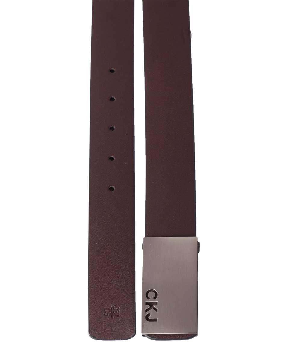 CKJ Calvin Klein Jeans Silver Head Brown Leather Buckle Belt - Obeezi.com