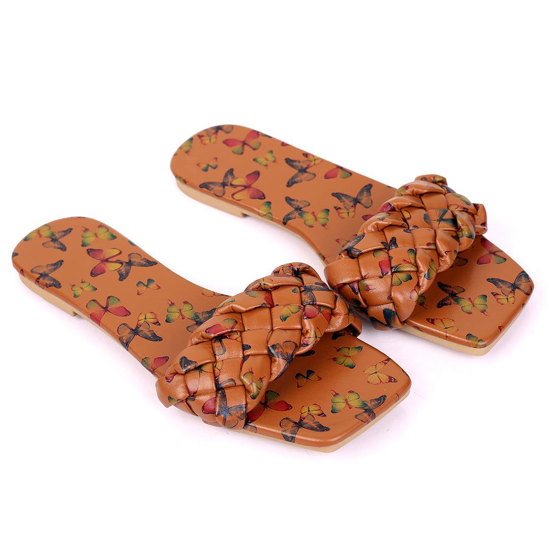 Classic Butterfly Brown Printed Braid Strap Designed Slippers - Obeezi.com